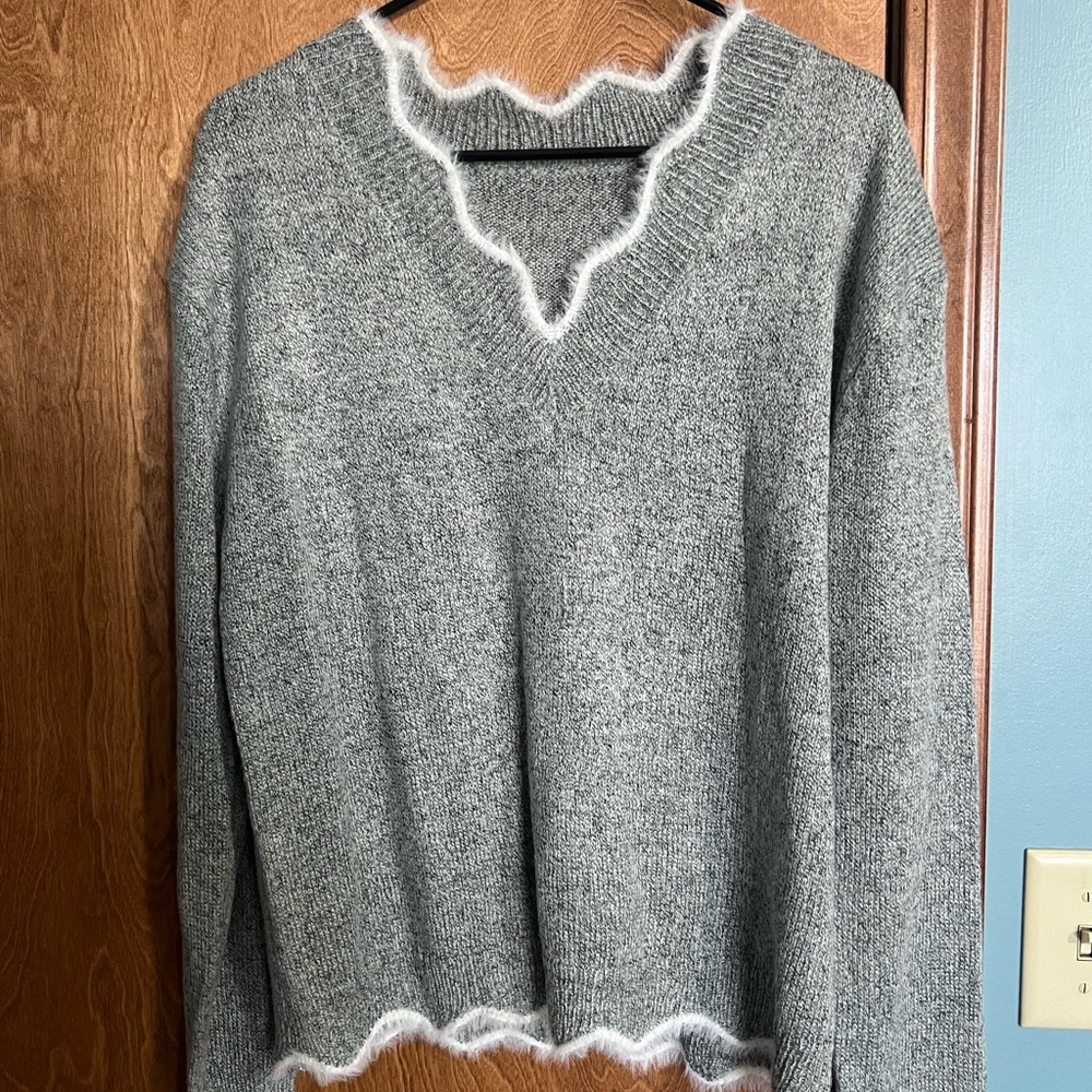 Gray V-Neck Sweater with White Trim
